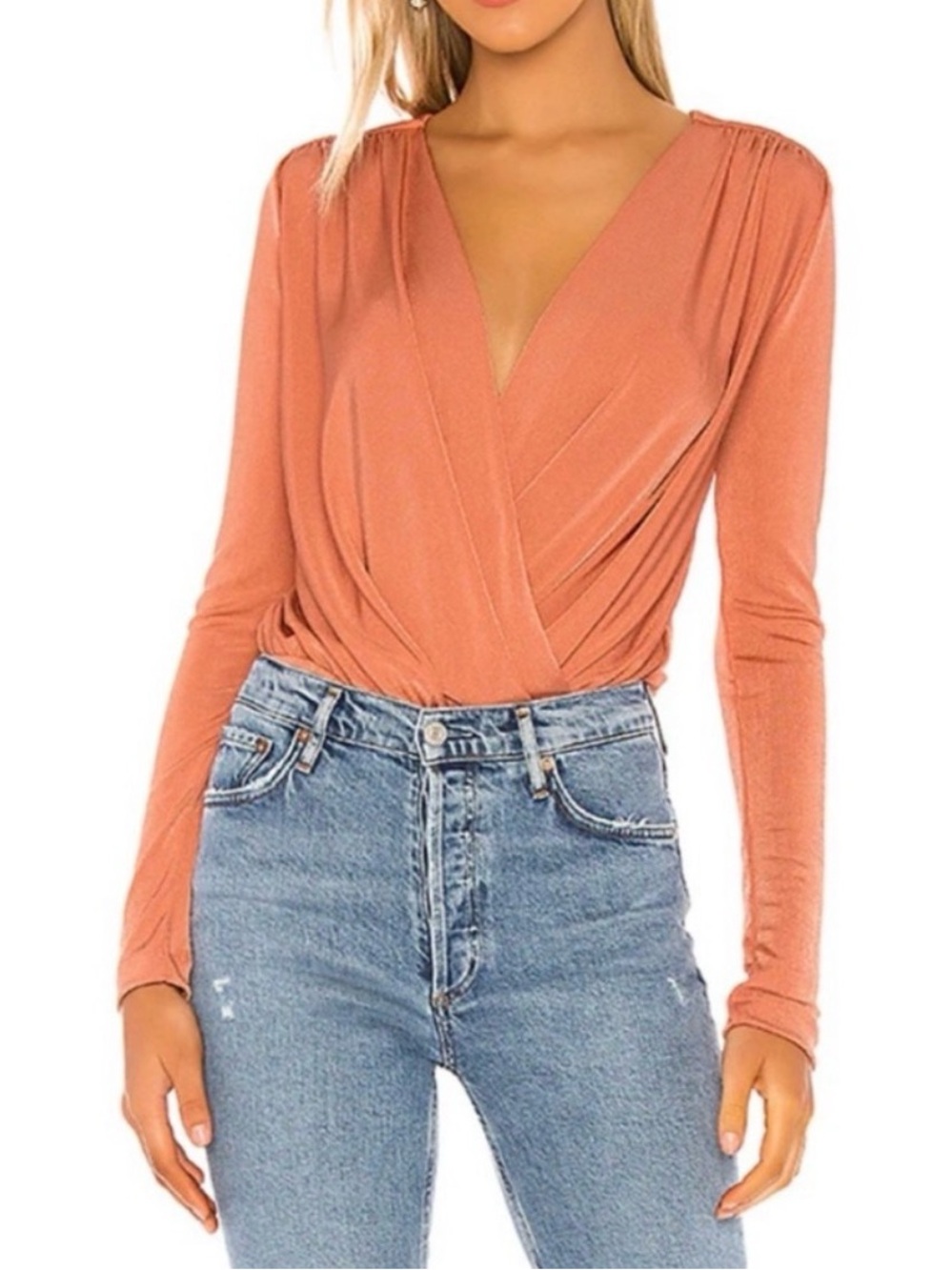 Free People - Turnt Terra Cotta Long Sleeve Deep V Boho Thong Bodysuit Size XS